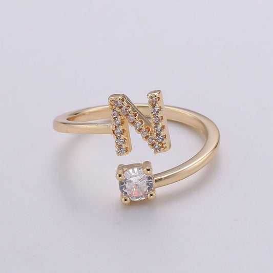 Adjustable Gold Initial Ring With CZ R370~R395: N