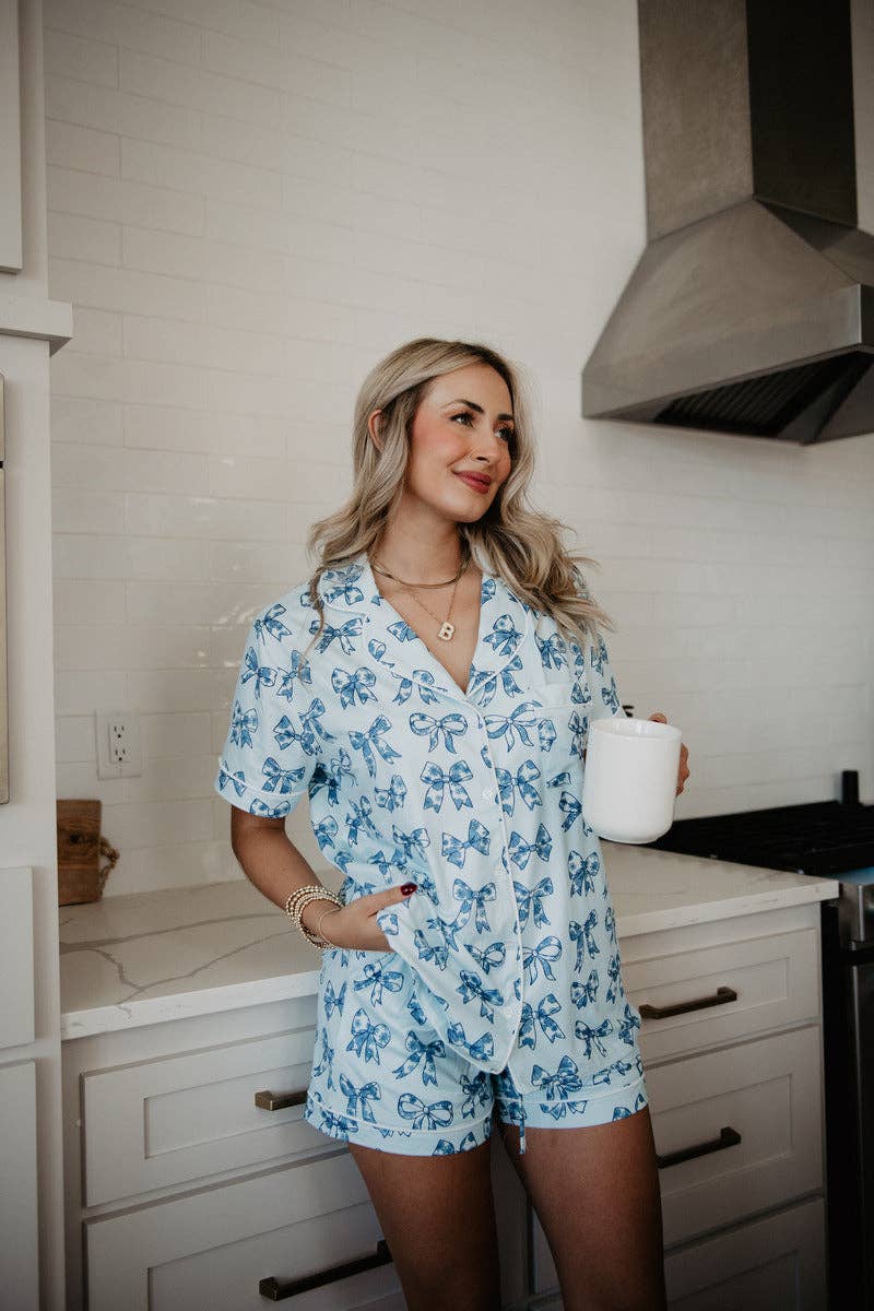 Toile Print Coquette Bows Cute Pajamas: Light Blue / S