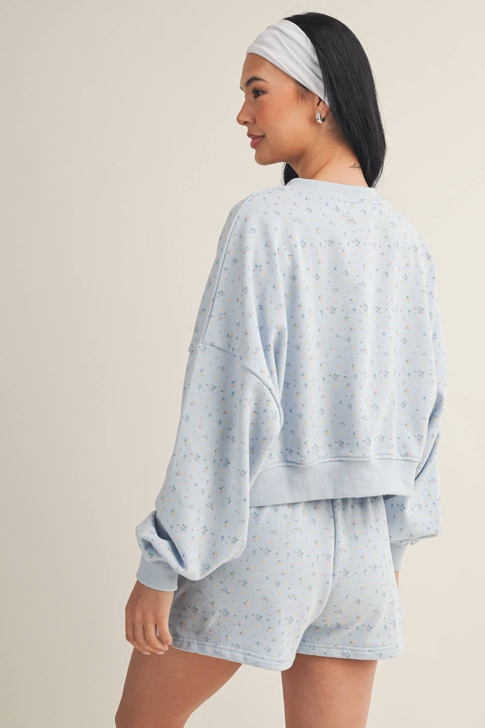 Salty Ditsy Print Crewneck Crop Sweatshirt: Pink Ditsy / S