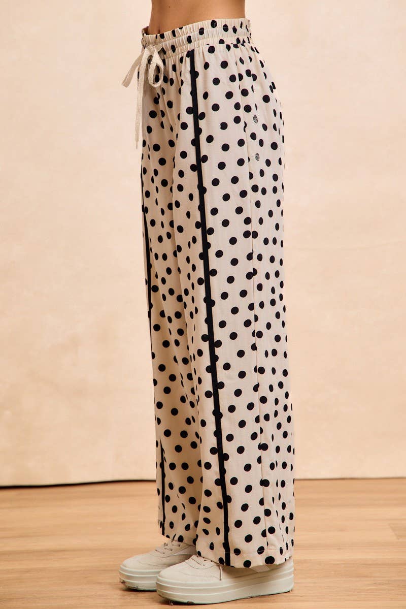 Polka Dot Front Binding Detail Straight Leg Pants: CREAM/BLACK / 2-2-2-2(S-M-L-XL)