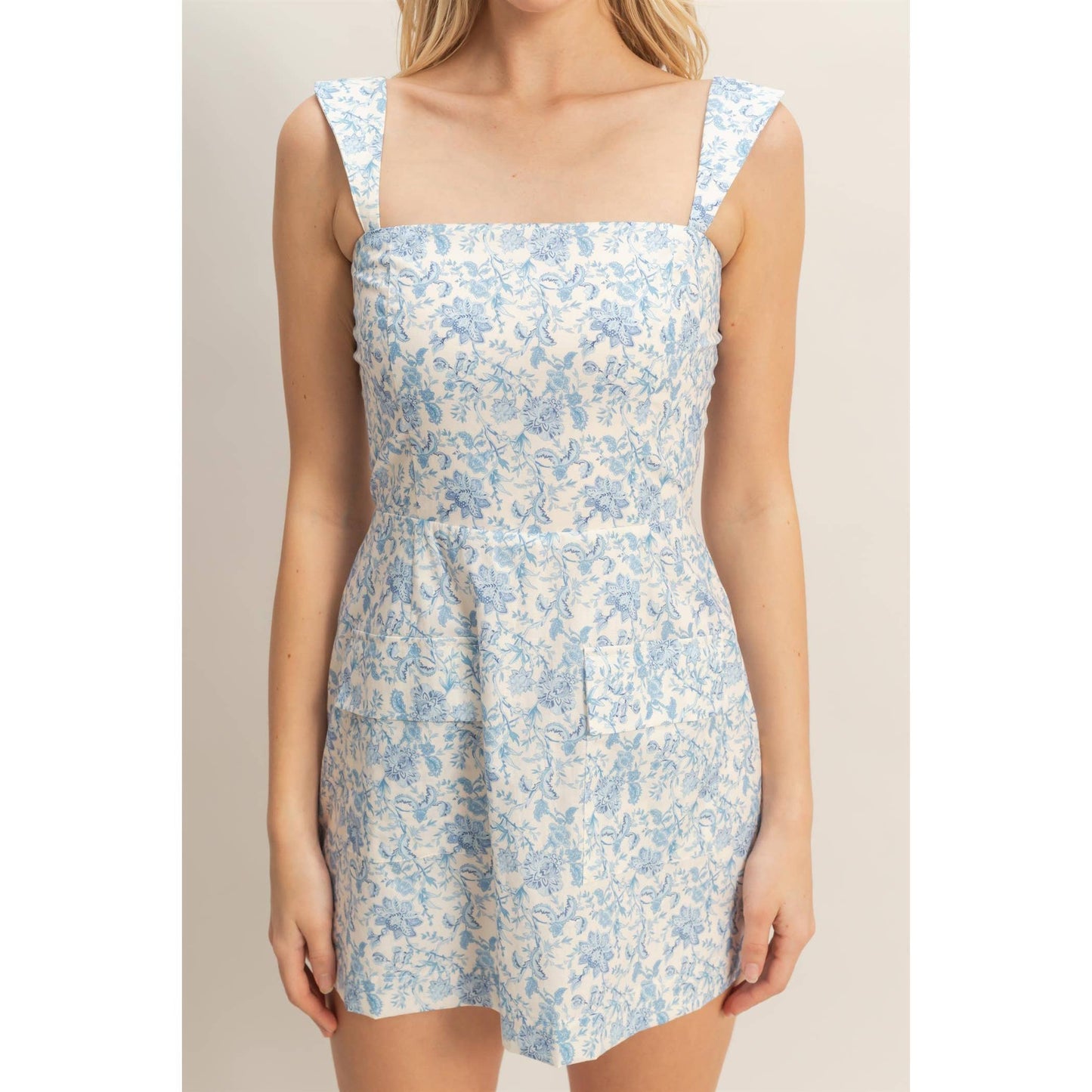 Floral Square Neck Mini Dress: BLUE / S-M-L(2-2-2)