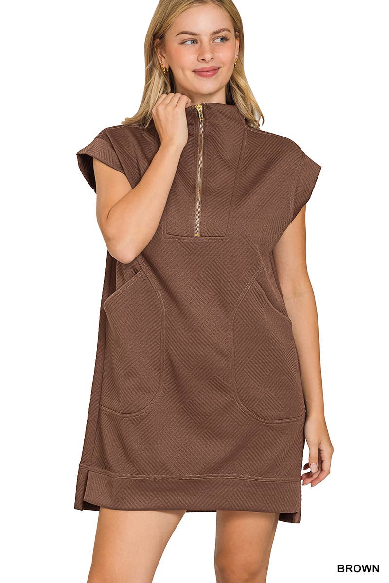 Textured Knit Jacquard Quarter Zipper Mini Dress: DUSTY BLUE / 2-2-2 (S-M-L)
