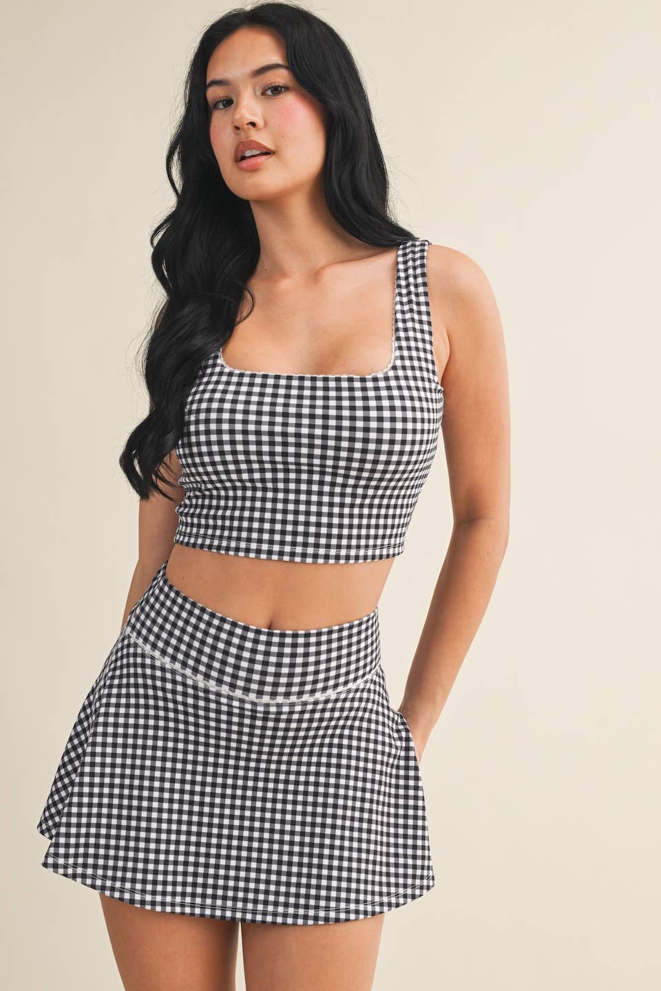 Gingham Print Crop Tank with Lace Trim: Pink Gingham / S