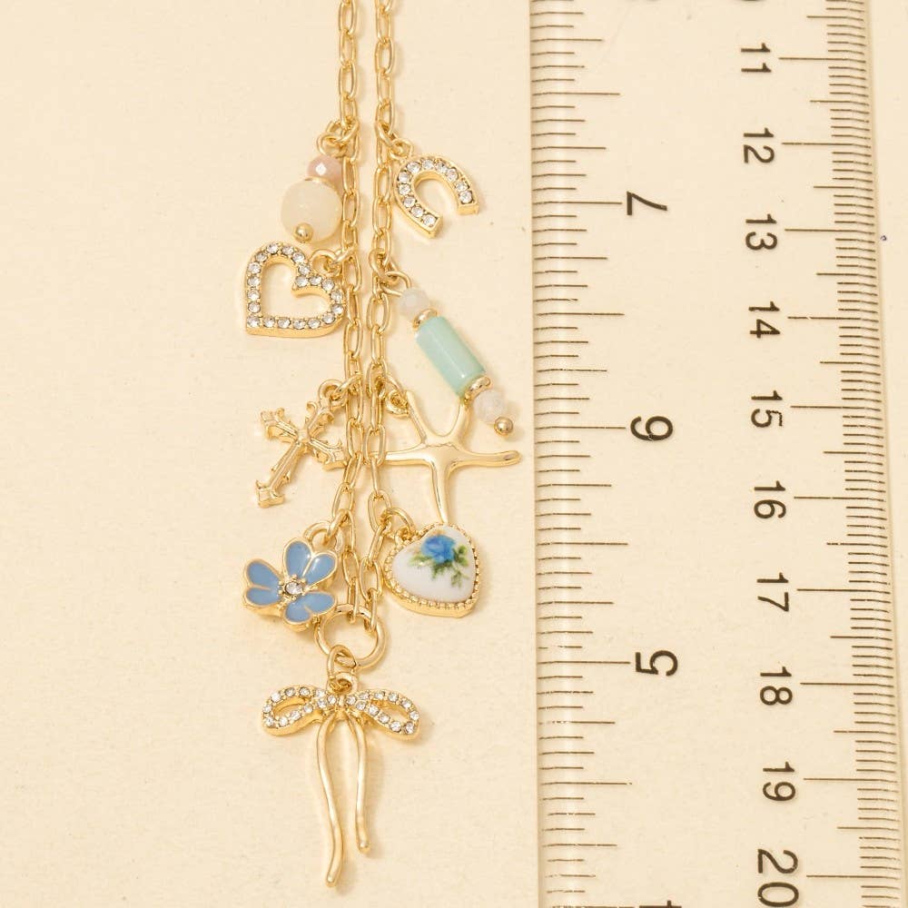 Floral Ceramic Hearts And Bow Mixed Charms Chain Necklace: XG