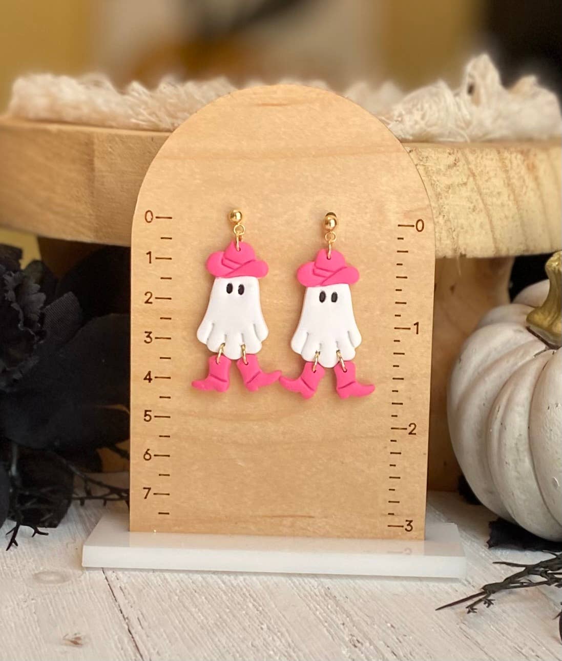 Pink Halloween Earrings | Fall Earrings : Ghost with Bows