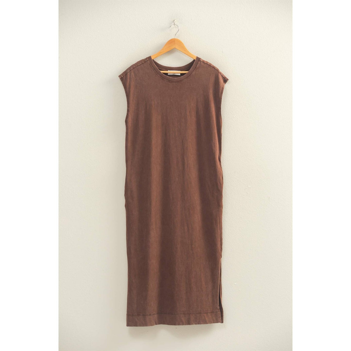 Mineral Wash Cap Sleeve Midi Dress: CHOCOLATE / S-M-L(2-2-2)