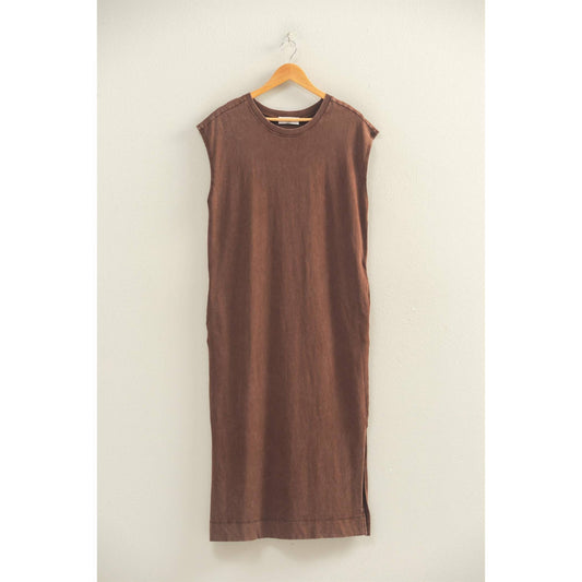 Mineral Wash Cap Sleeve Midi Dress: CHOCOLATE / S-M-L(2-2-2)