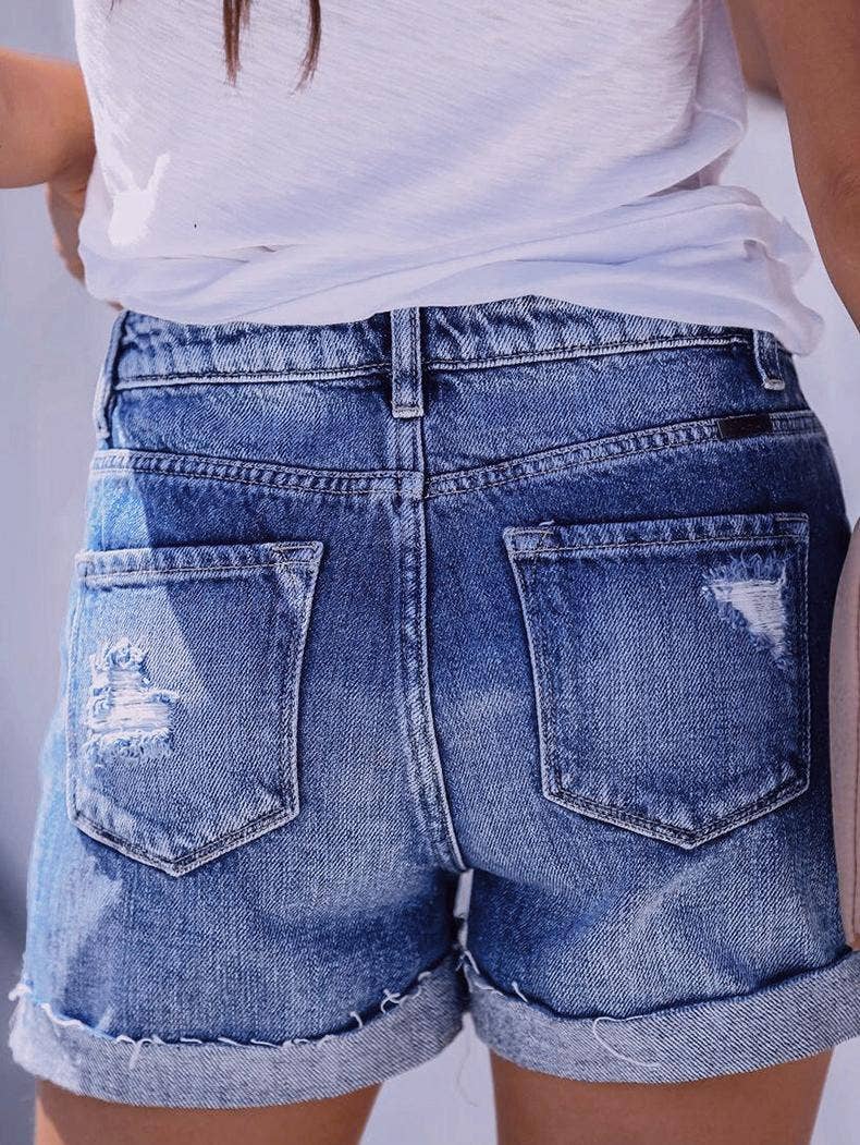 Stretch Button Denim Short: Blue / L