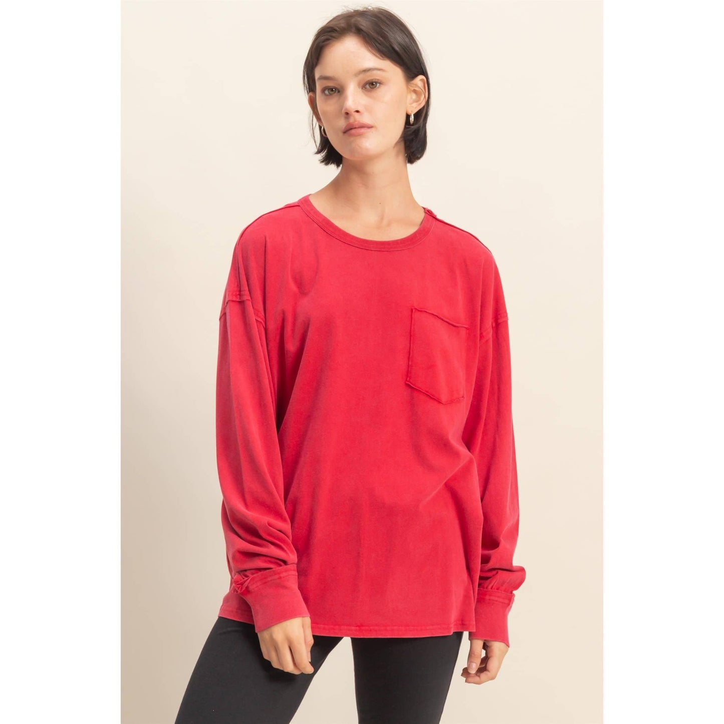 Oversized Washed Long Sleeve Pocket Tee: BLACK / S-M-L(2-2-2)