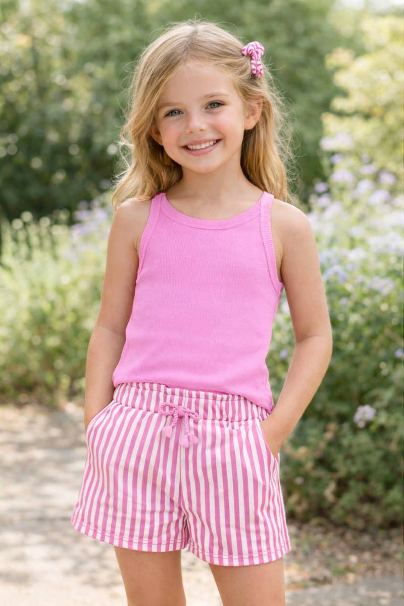 GKSS-Y26-38185- Girl's Stipe Short Set w/ Matching Scrunchie: Blue / 7