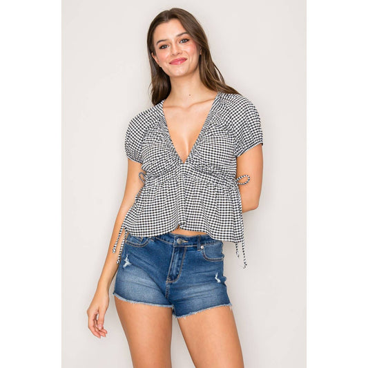 Gingham V-Neck Top with Side Tie and Puff Sleeve: Black / White / S-M-L(2-2-2)