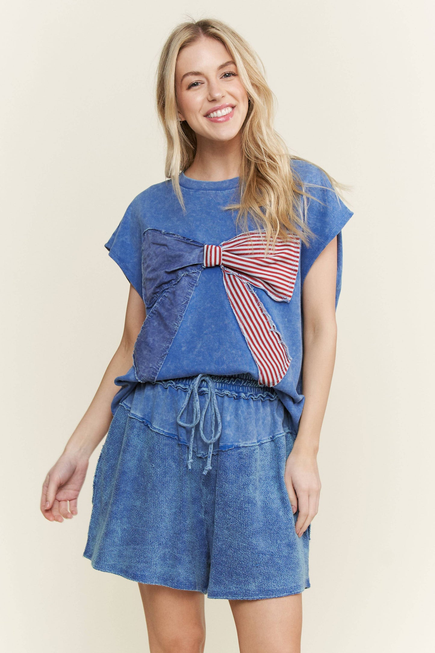 MineralWashed Americana Bow Sleeveless Blouse top HT5647P2.: Cyan