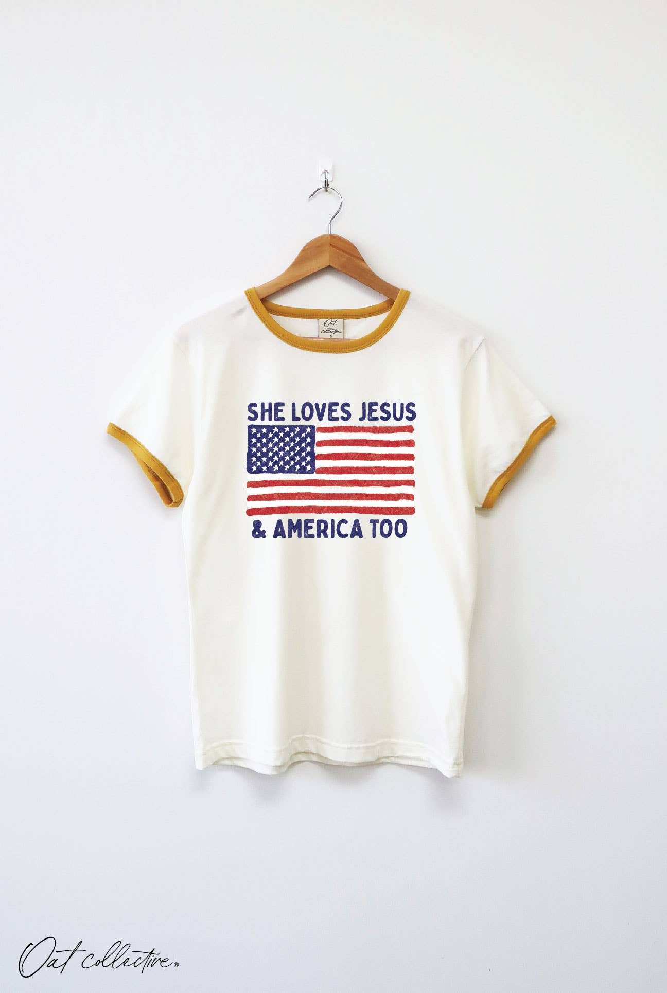SHE LOVES JESUS AND AMERICA TOO Ringer Graphic Top : NATURAL/BLK / S