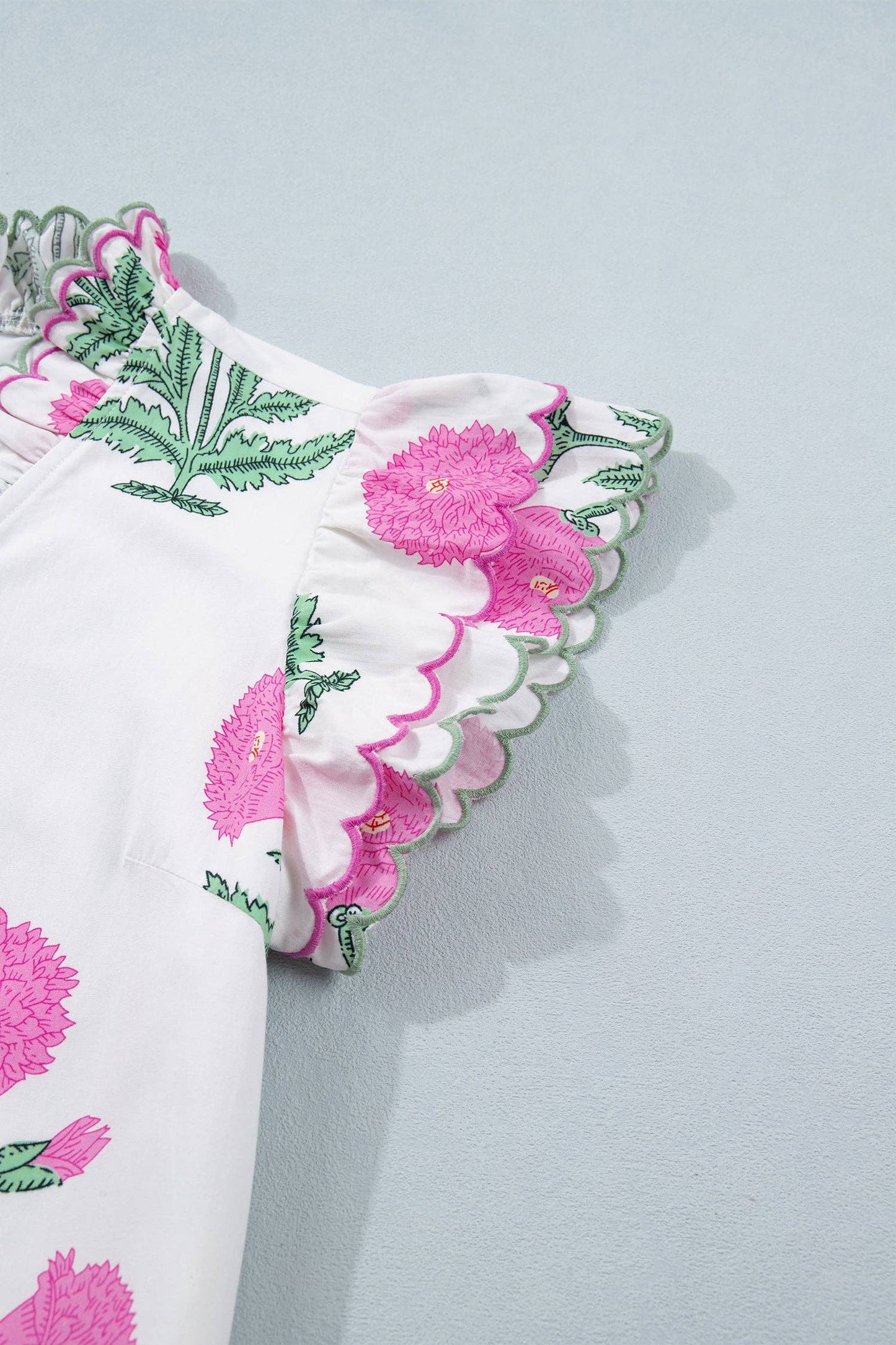 Wild Floral Print Scalloped Embroidery Trim V Neck Drop Waist Mini Dress: White / 50%Viscose+50%Cotton / XL