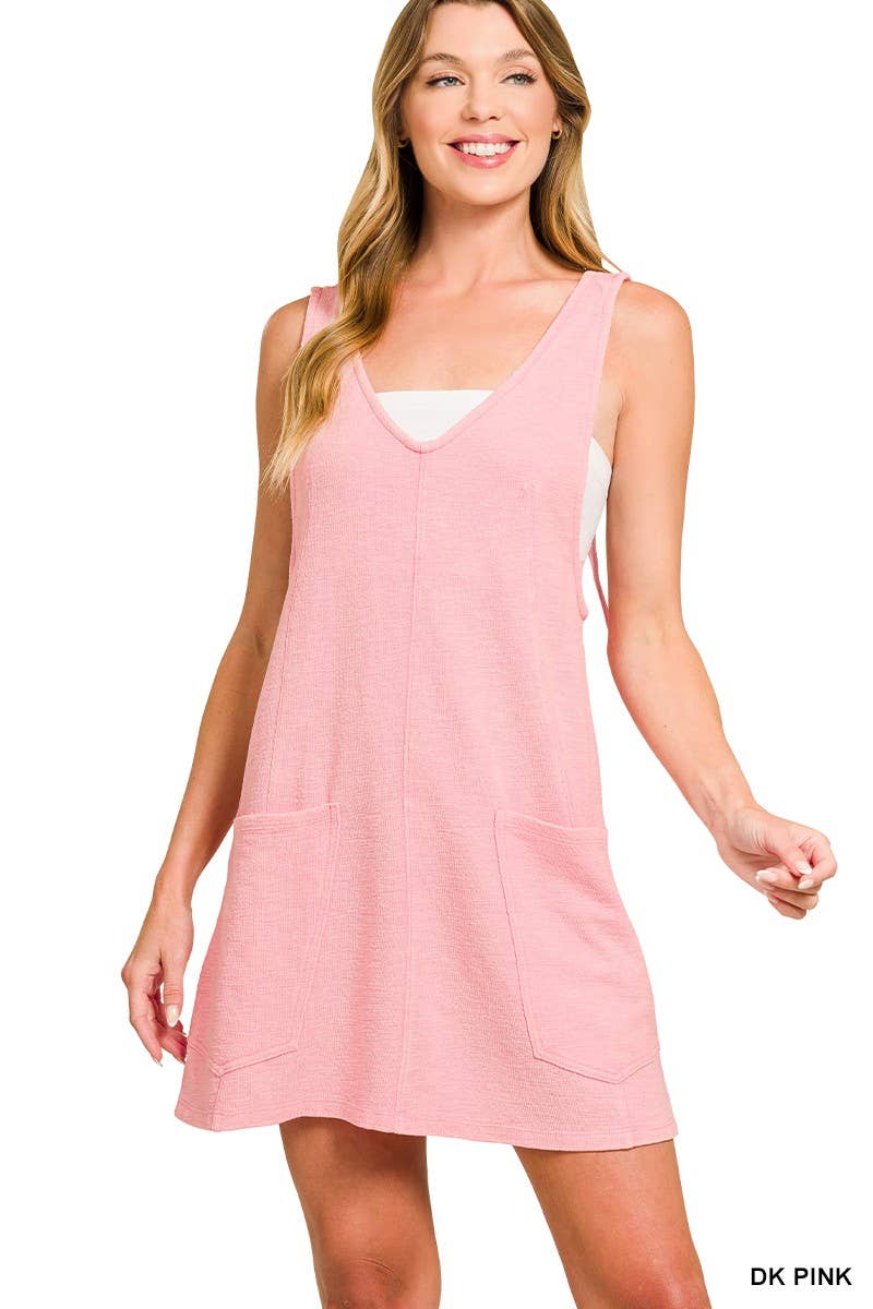 Washed Slub Adjustable Strap Overall Dress: DK GREEN / 2-2-2(S-M-L)