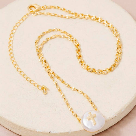 Cross On Pearl Pendant Chain Necklace: GDCRM