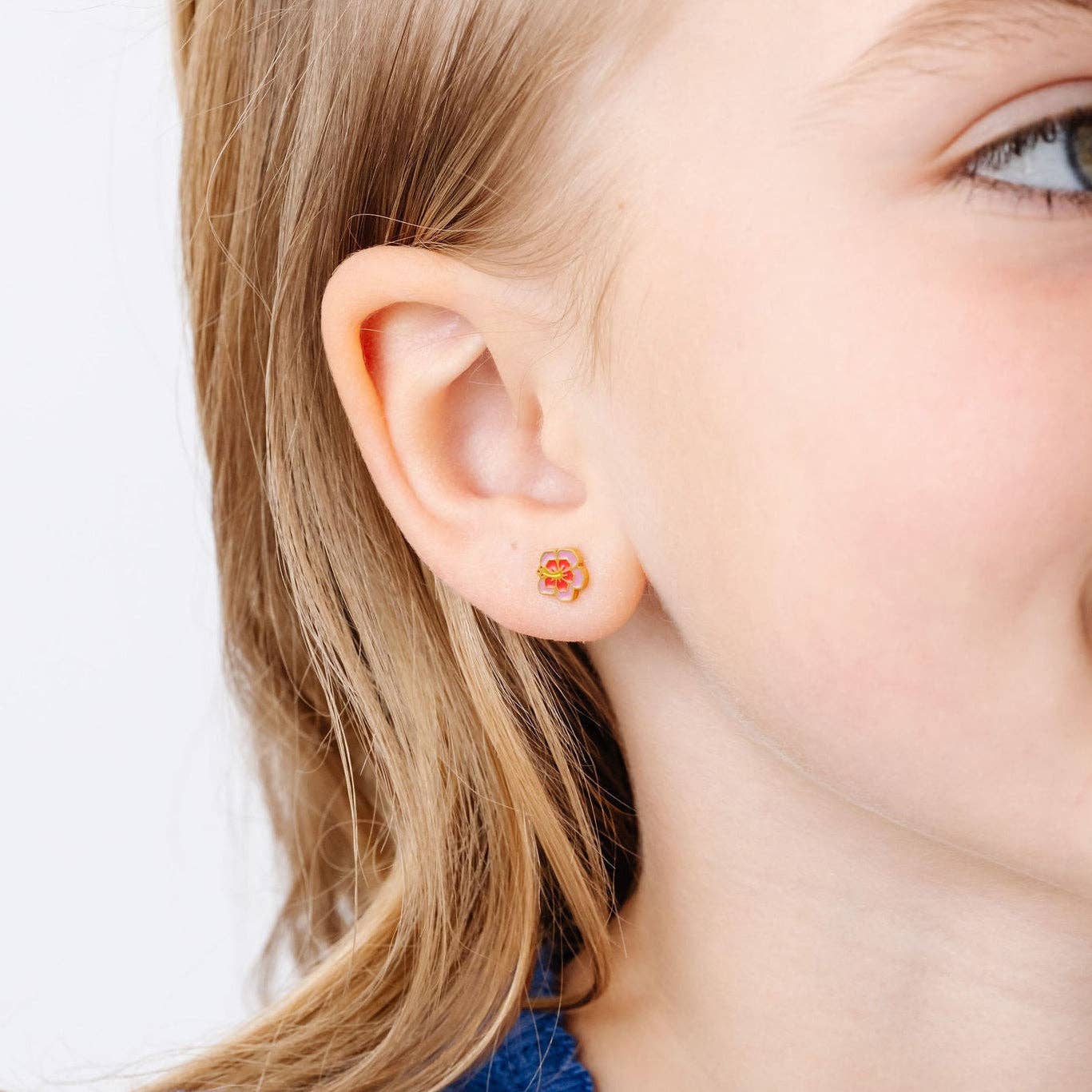 Hibiscus Stud Earrings -Hypoallergenic, Flat Back, Girl Gift: Pair