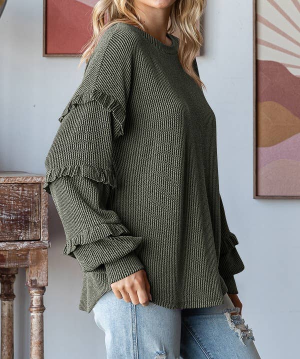 Balloon Sleeve Ruffle Sleeve Pullover Top: Green / S