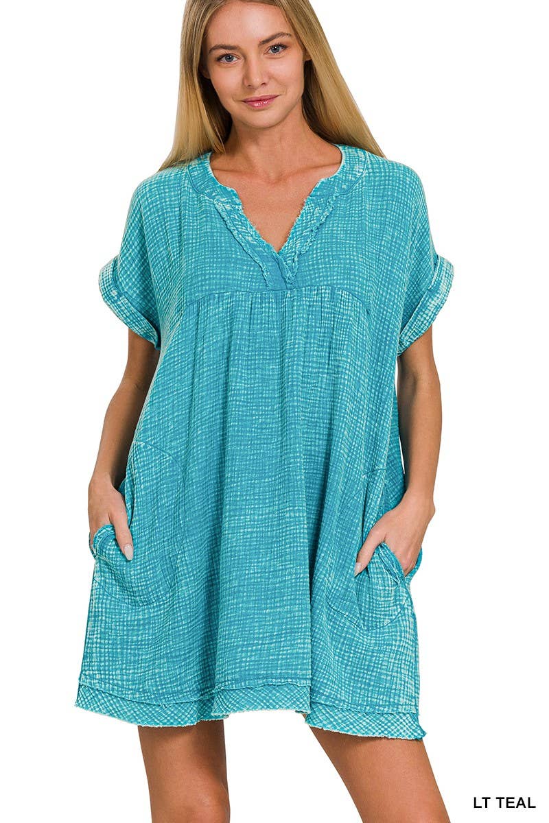 Washed Double Gauze Raw Edge V-neck Dress: DEEP SKY / 2-2-2(S-M-L)