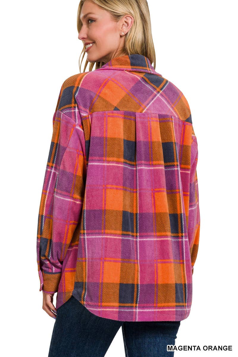 Polar Fleece Plaid Shacket With Pocket: MAGENTA/ORANGE / 2-2-2 (S-M-L)