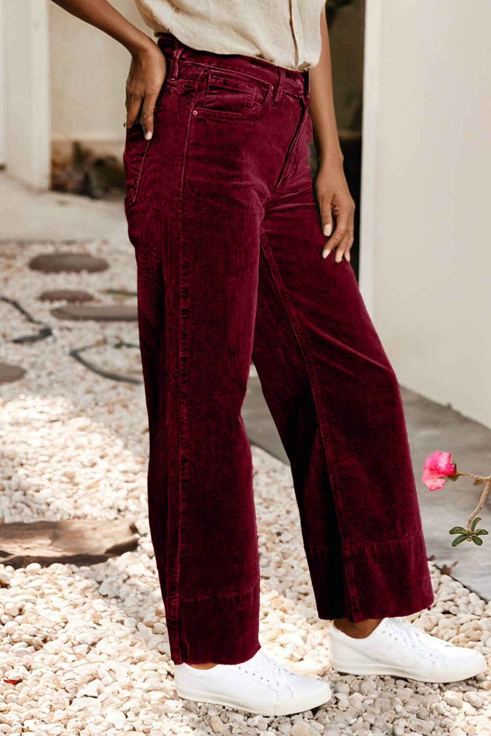 LDC Solid Color High Waist Corduroy Wide Leg Pants: Vineyard Green / M