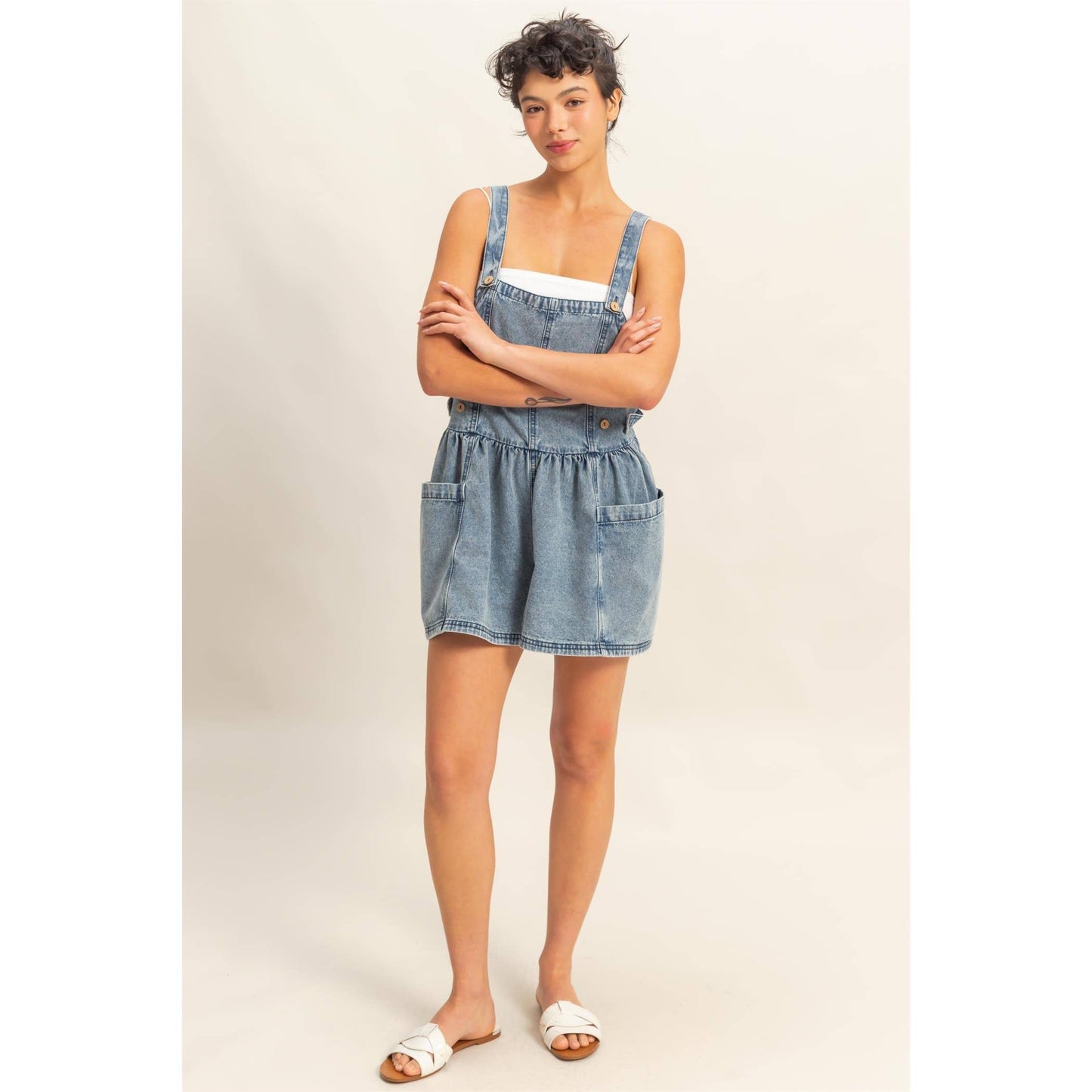 DZ25C871-Sleeveless Pocketed Overall Denim Romper: LIGHT DENIM / S-M-L(2-2-2)