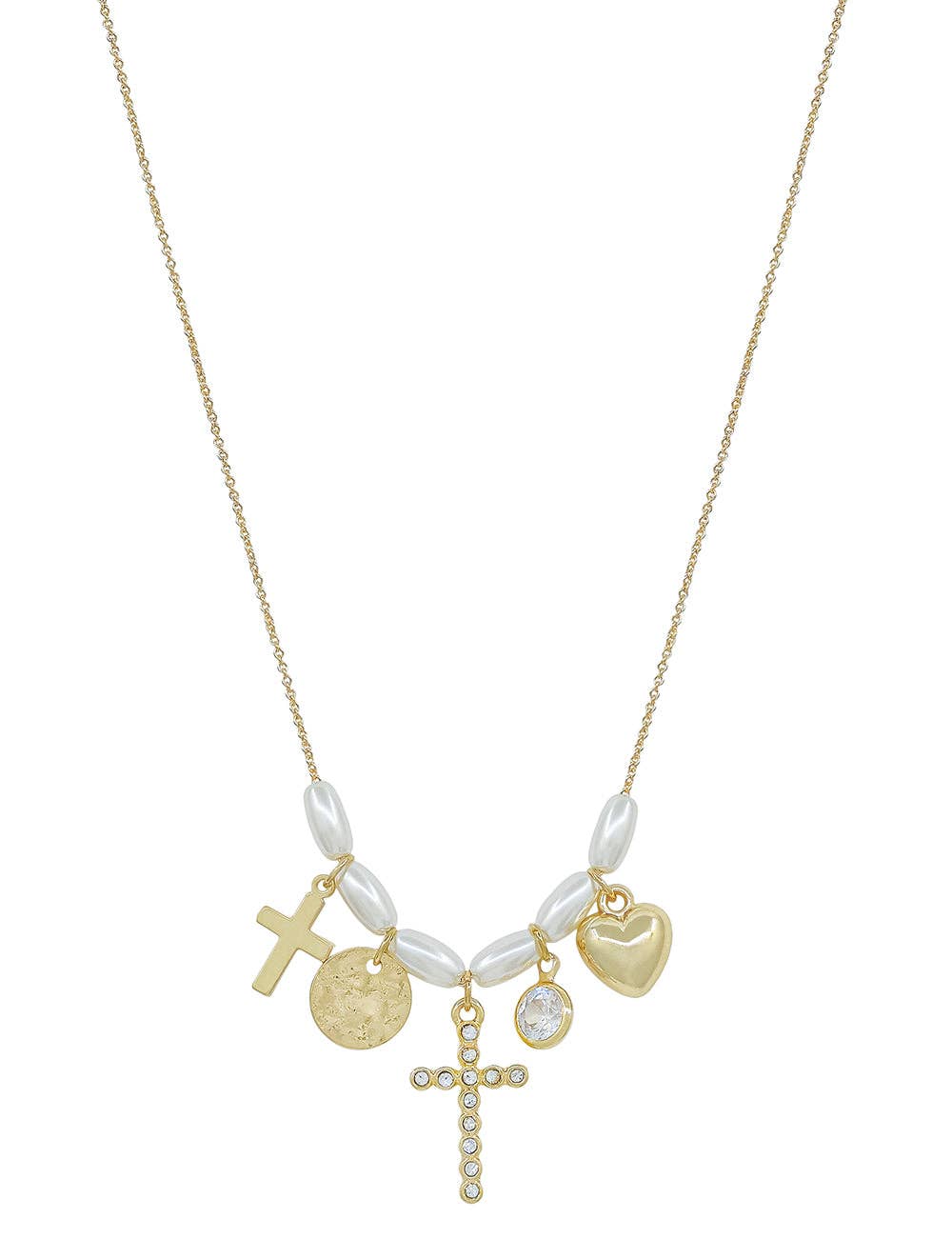 Oval Pearl Beaded with Puffy Heart, Pearl Cross, and Gold Cross Charm 16"-18" Necklace