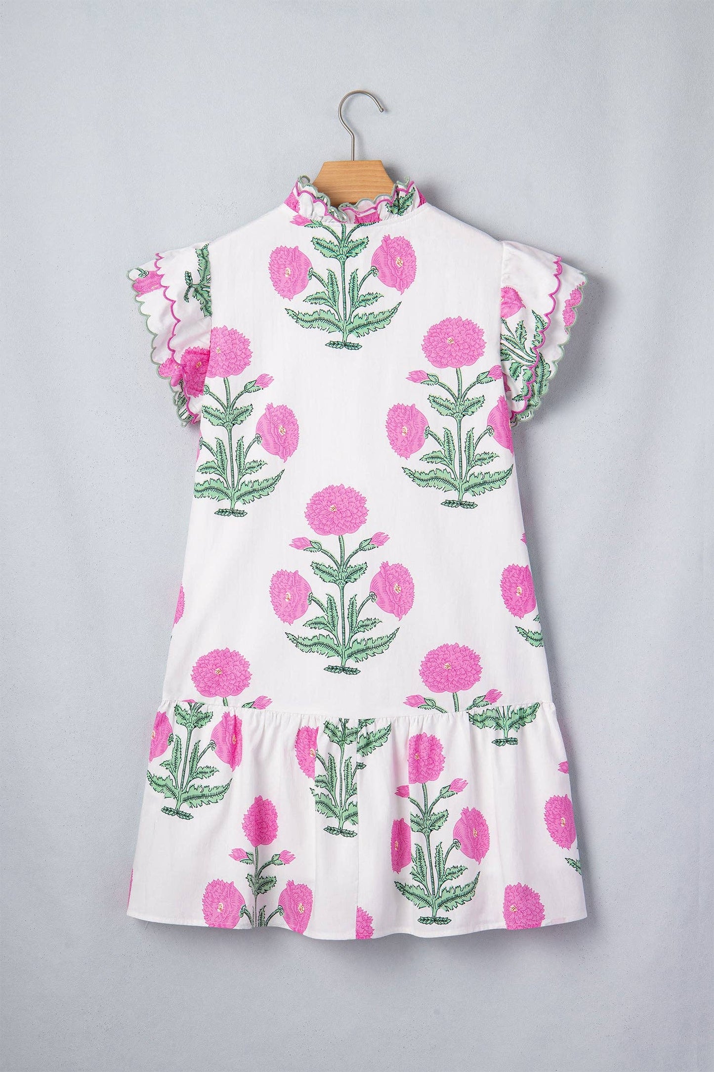Wild Floral Print Scalloped Embroidery Trim V Neck Drop Waist Mini Dress: White / 50%Viscose+50%Cotton / XL