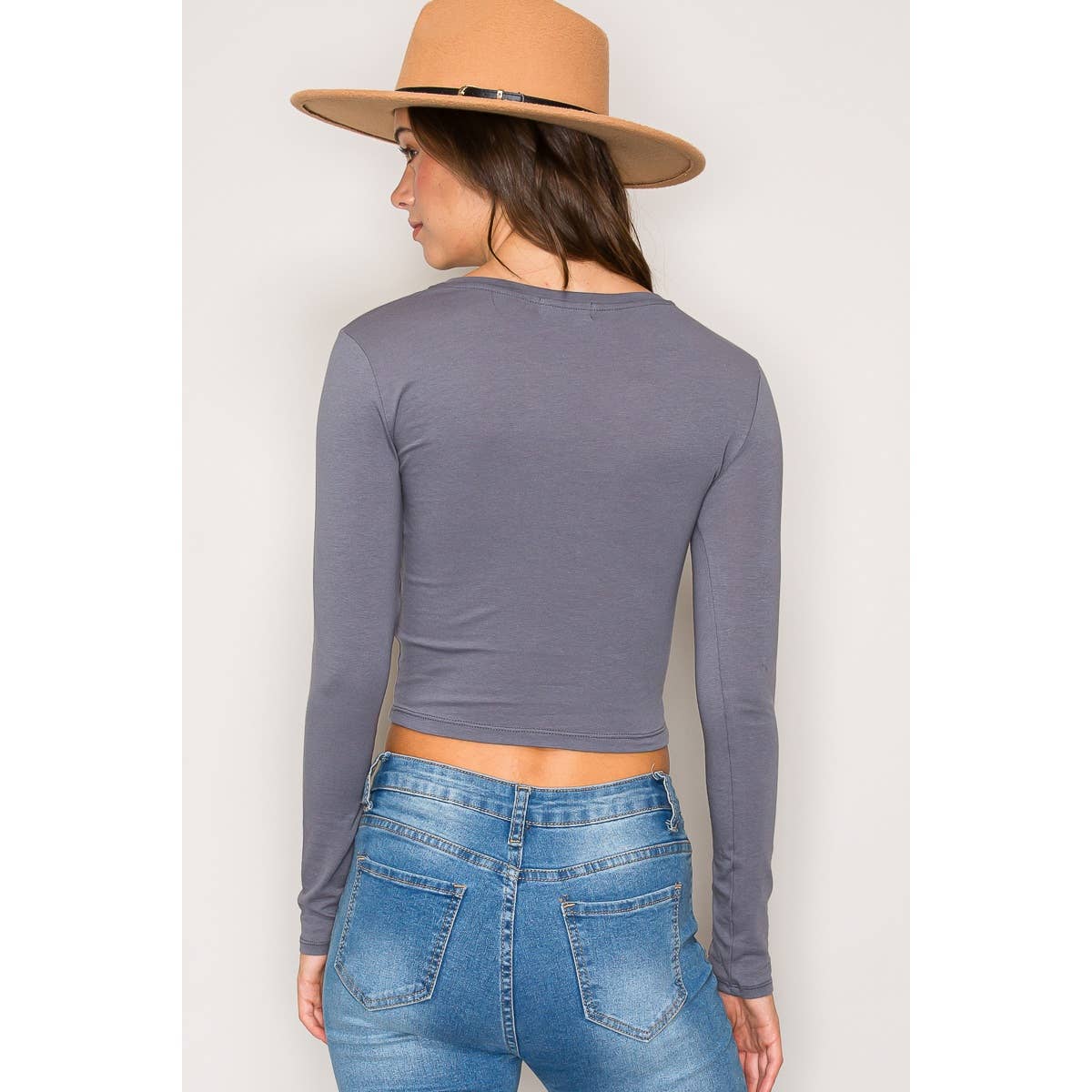 Crew Neck Long Sleeve Cotton Cropped Knit Top: Chili Oil / S-M-L(2-2-2)