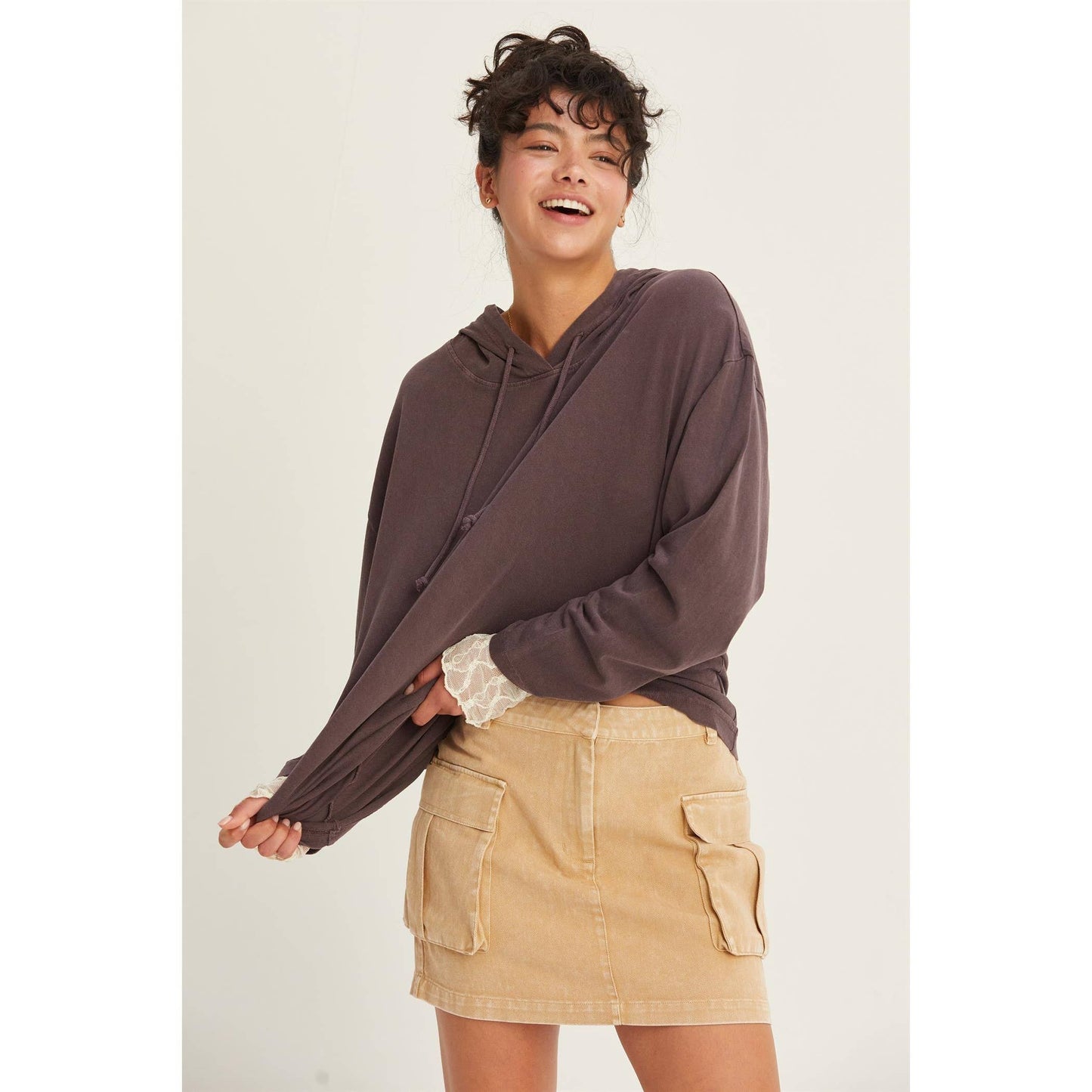 Oversized Hooded Long-Sleeve Top: BLACK / S-M-L(2-2-2)