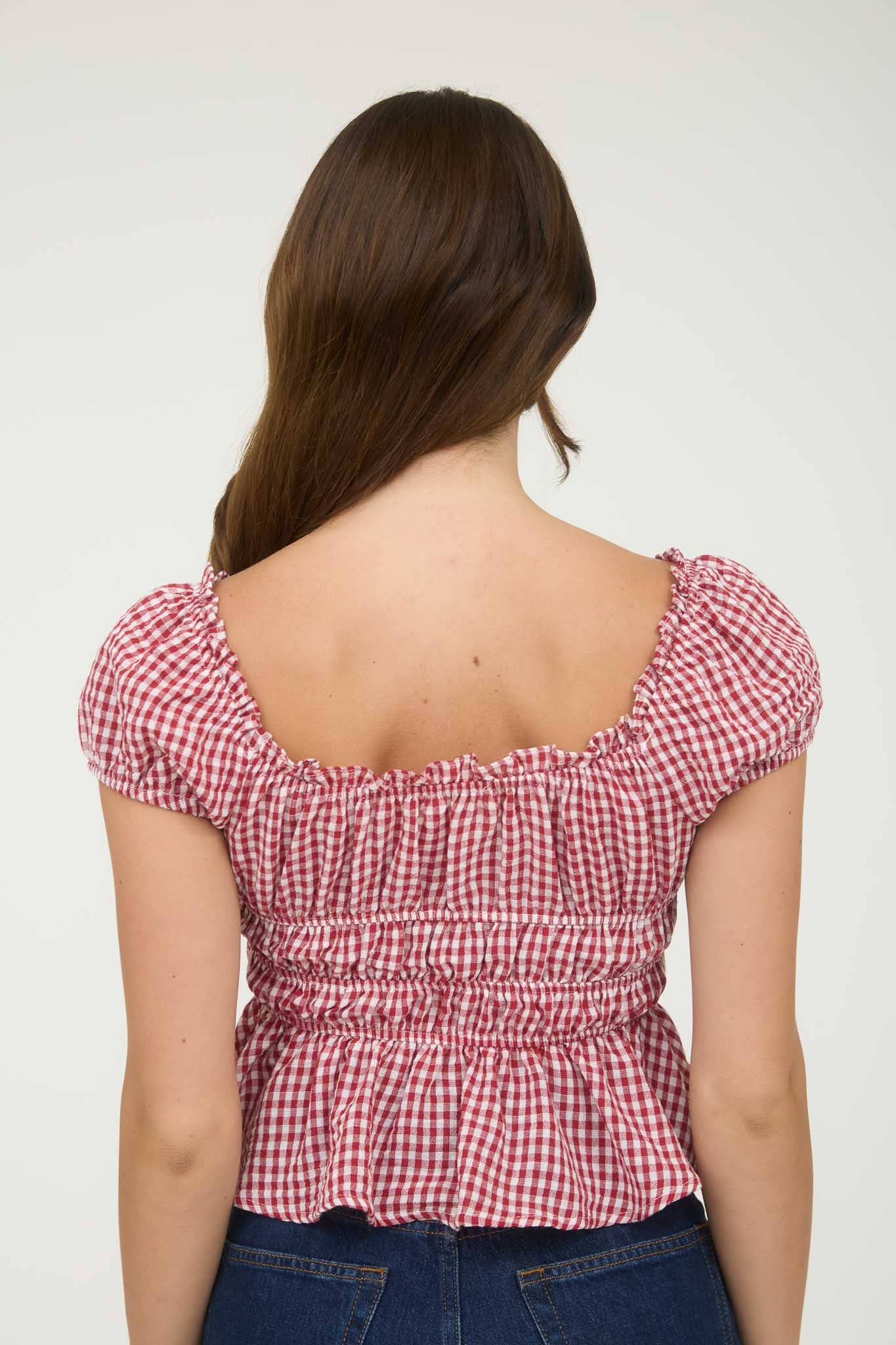 GINGHAM BOW DETAIL SHIRRED WAIST SHORT SLEEVE TOP: LIGHT KHAKI
