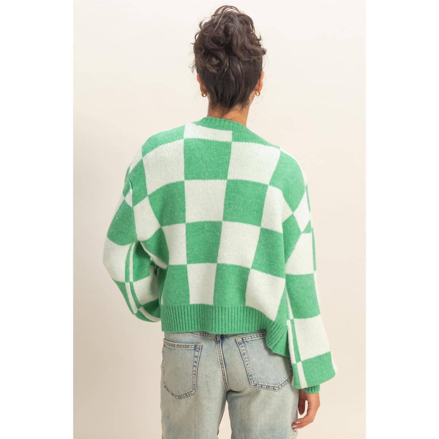 Checkered Button Front Cardigan Sweater: EMERALD/CREAM / S-M-L(2-2-2)