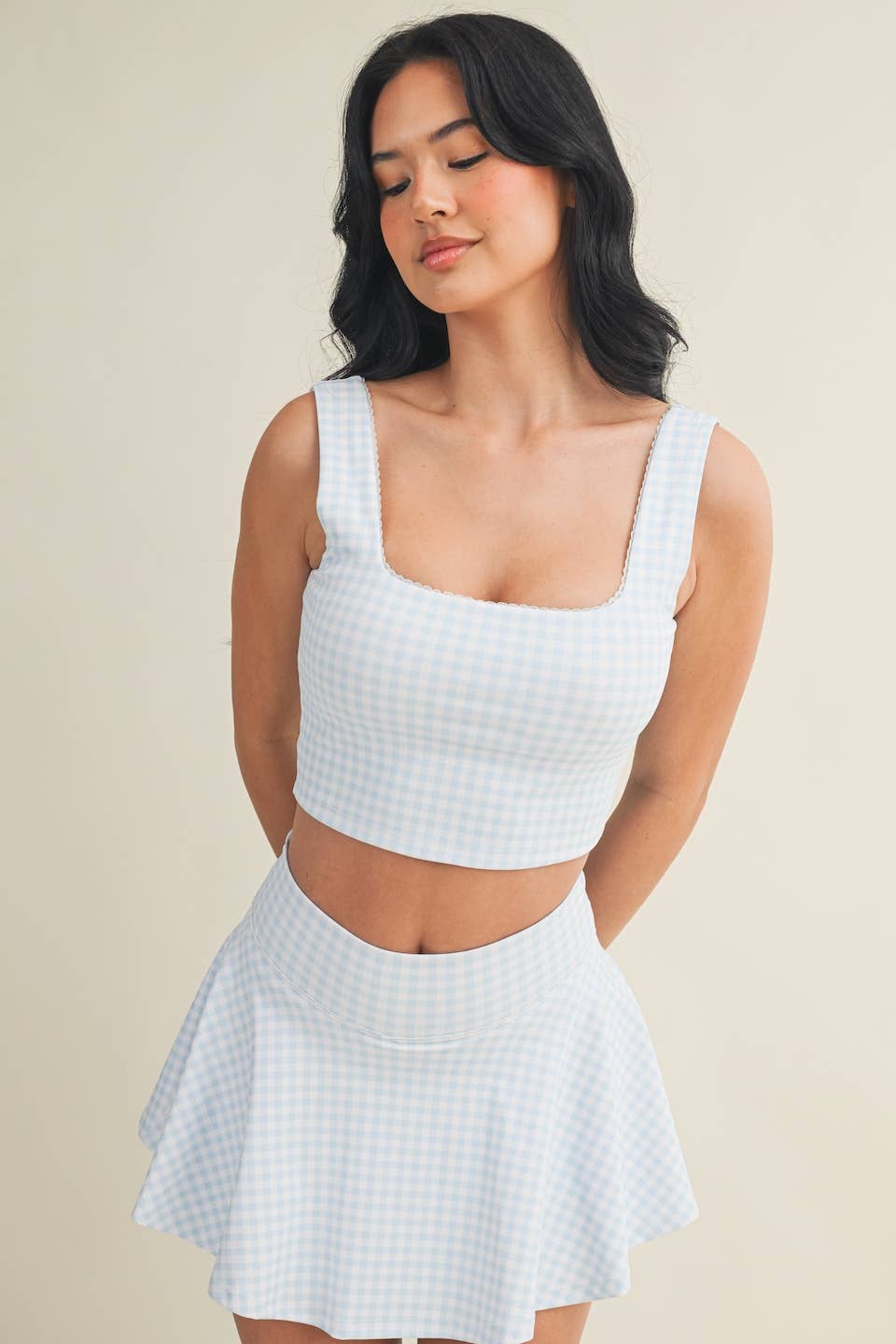 Gingham Print Crop Tank with Lace Trim: Pink Gingham / L