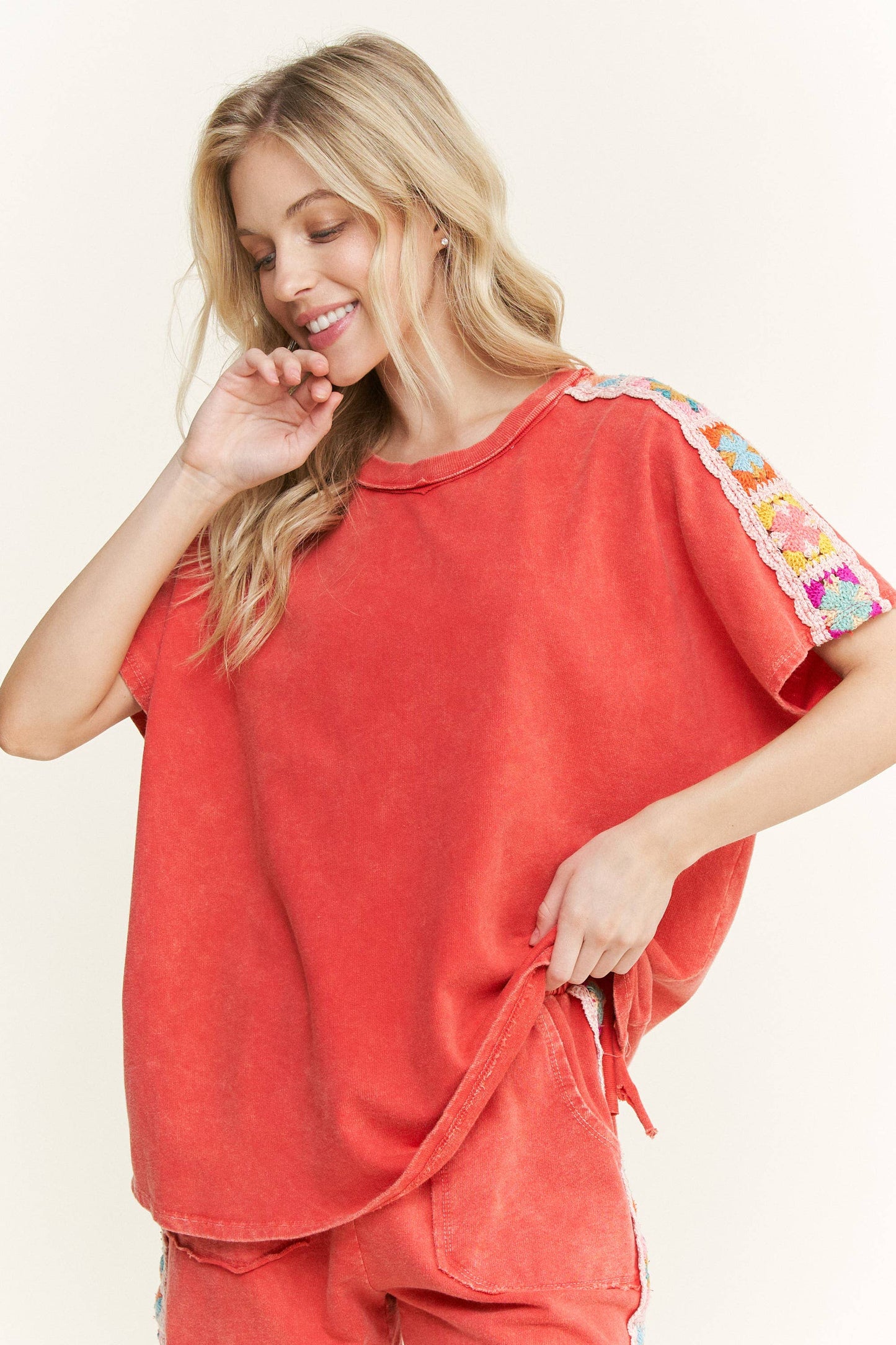 Mineral Washed Crochet patch side trim Knit top HT6395: Natural / S-M-L / 2-2-2