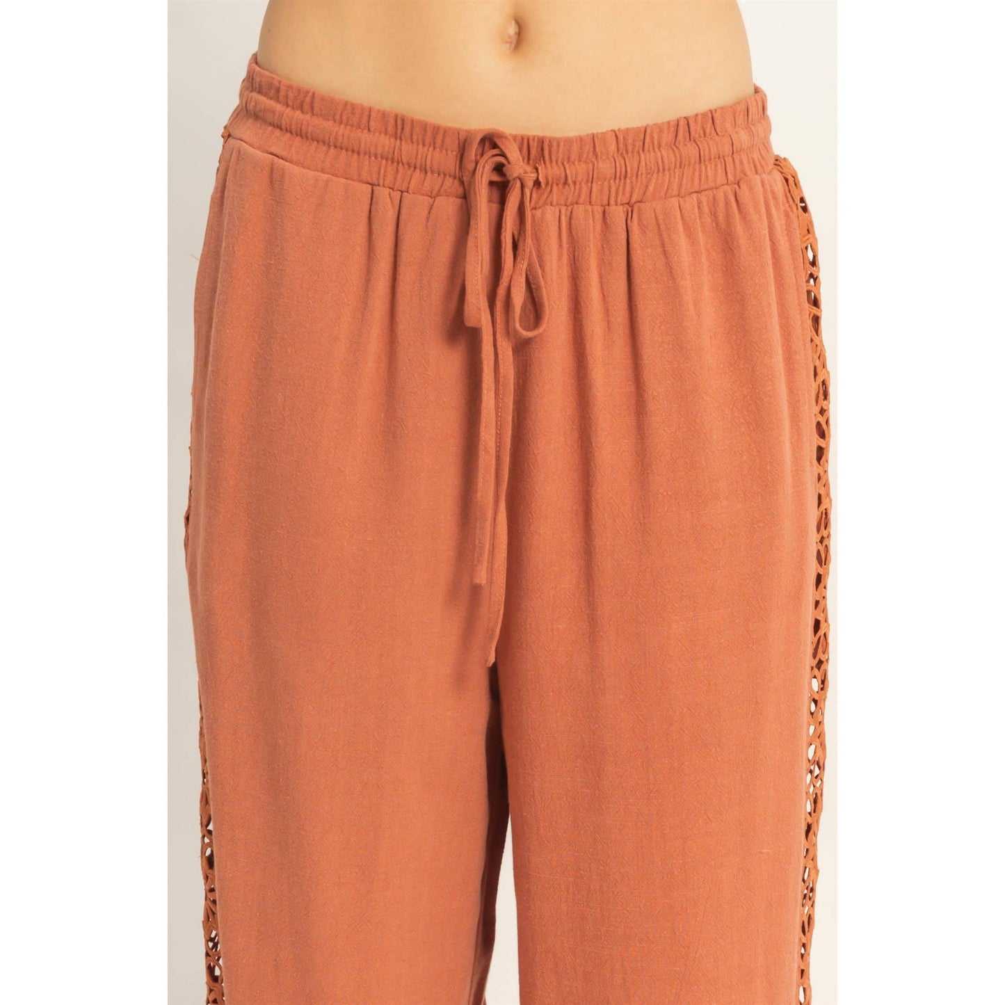 Lace Trim Wide Leg Pants: TERACOTTA / S-M-L(2-2-2)