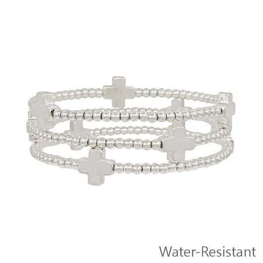 Water Resistant Silver Set of 3 3mm Beaded with Cross Stretch Bracelets