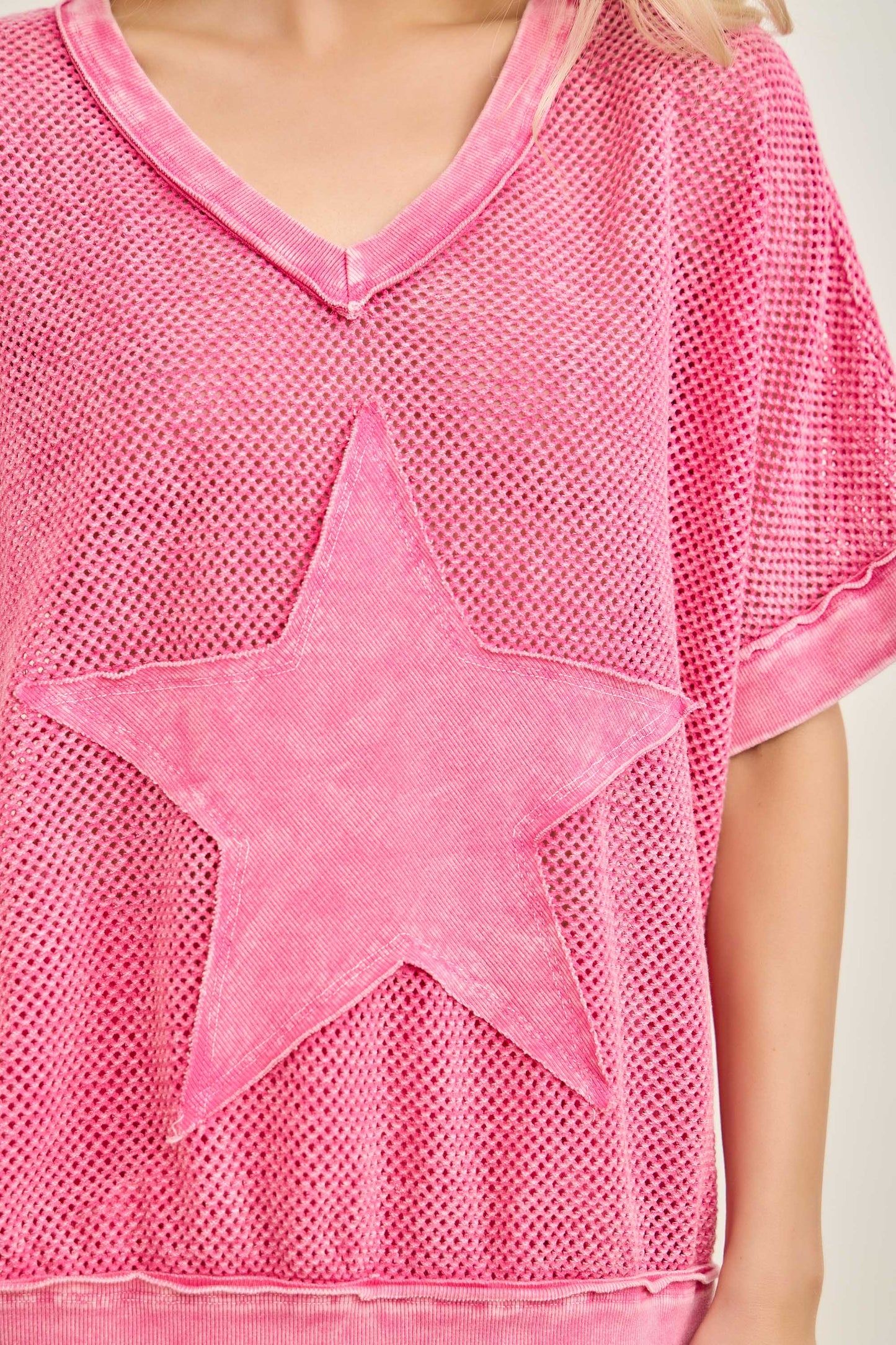 MineralWashed Star patched Mesh Knit Vest top HT6385: Hot Pink / S-M- L / 2-2-2