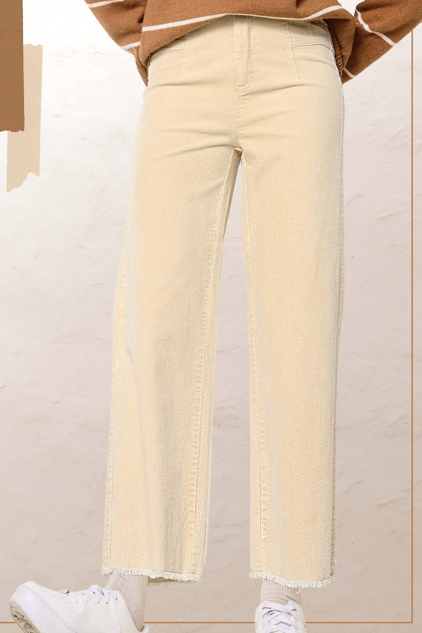 MCP4220-Mineral Washed High Waisted Wide Leg Corduroy Pants: Brown / XL