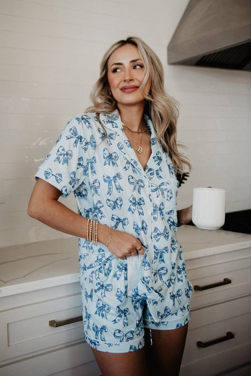 Toile Print Coquette Bows Cute Pajamas: Light Blue / M