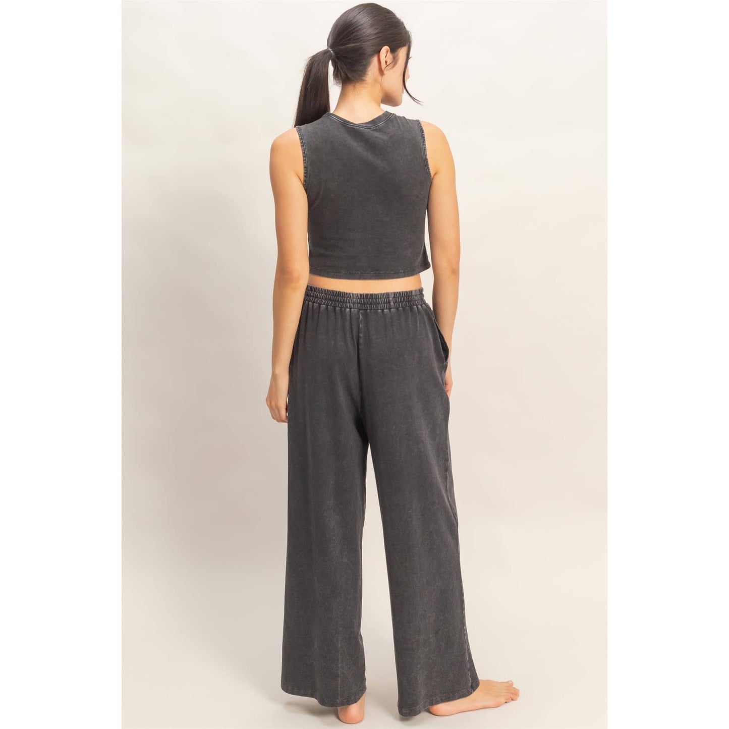 Mineral Washed Sleeveless Top & Wide Leg Pants Set: BLACK / S-M-L(2-2-2)