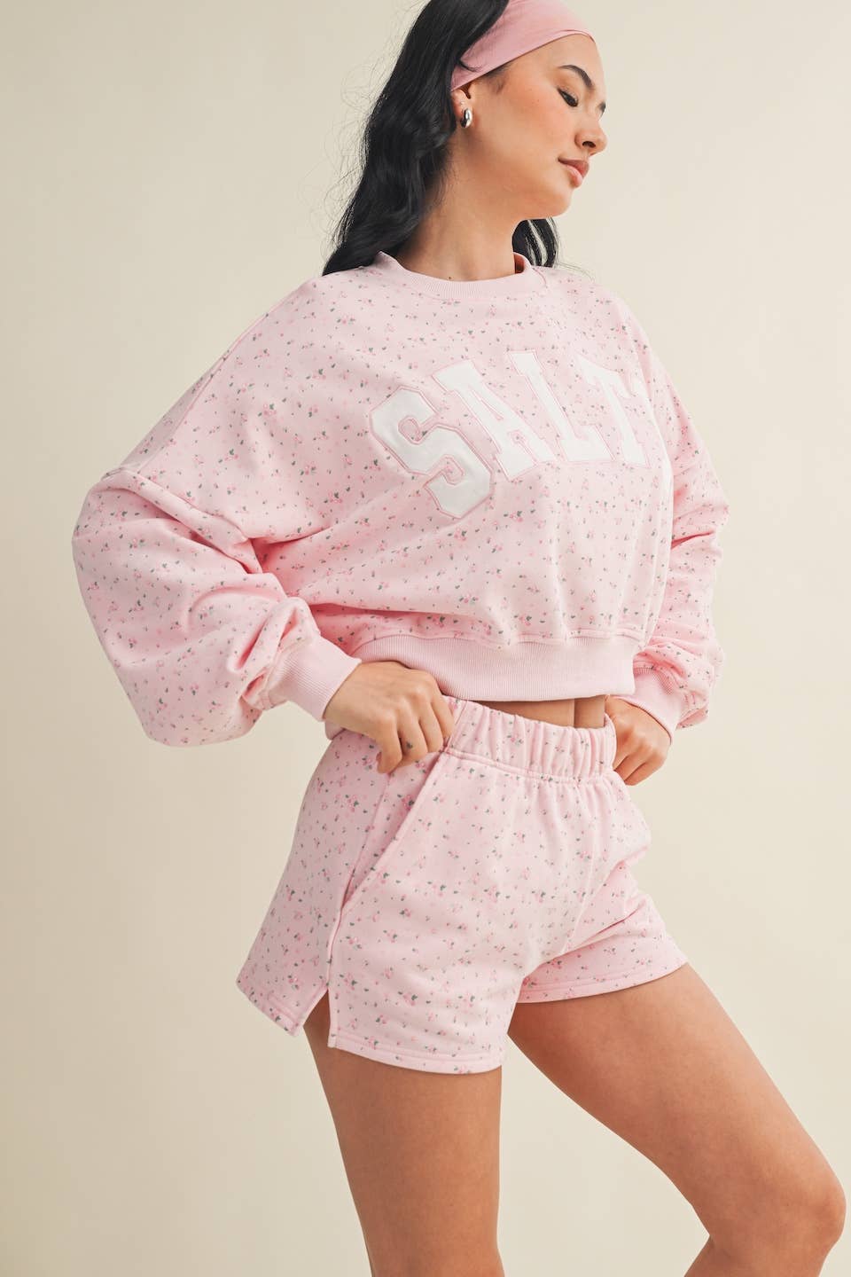 Salty Ditsy Print Crewneck Crop Sweatshirt: Pink Ditsy / L