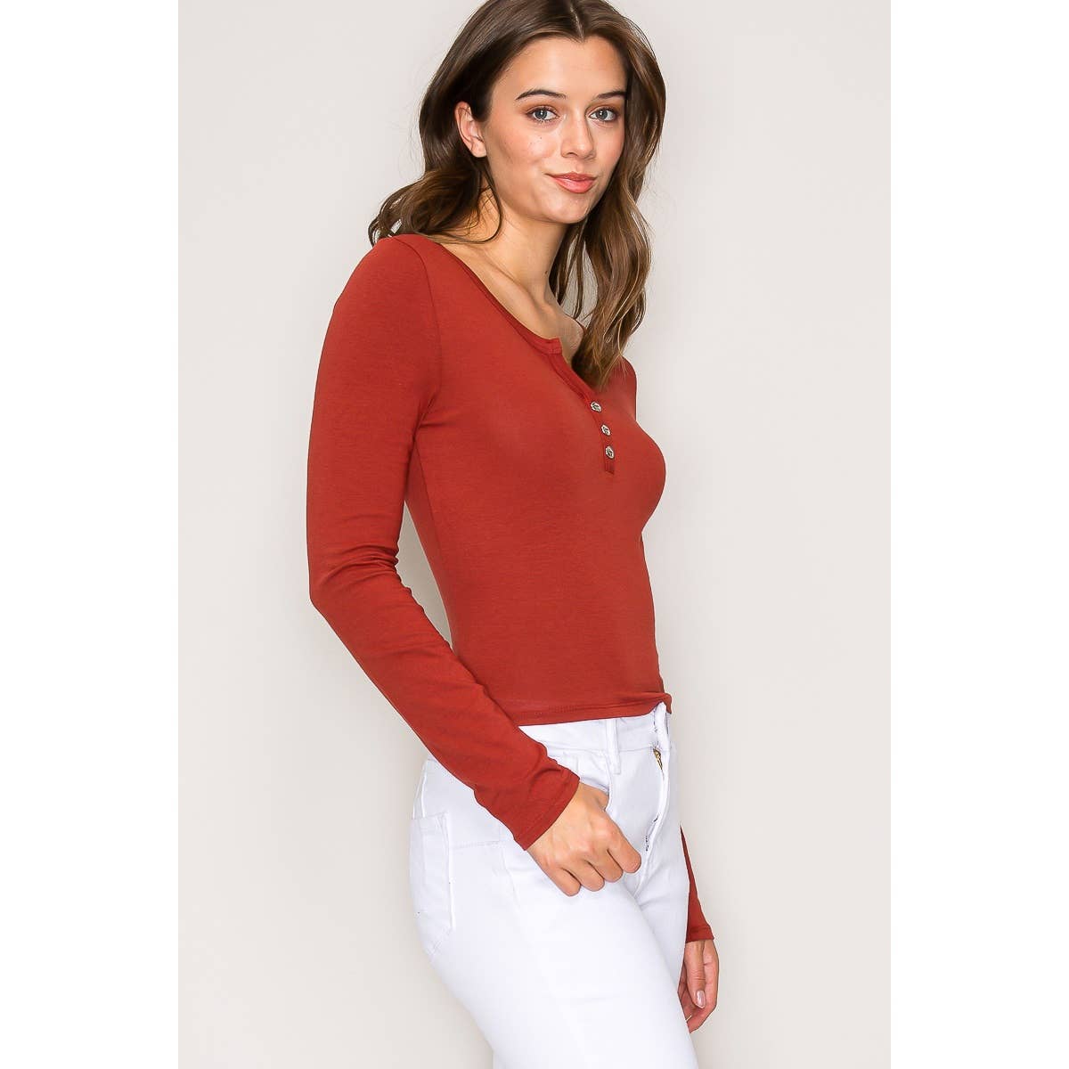 Notch V Neck Button Front Long Sleeve Cotton Top: Chili Oil / S-M-L(2-2-2)