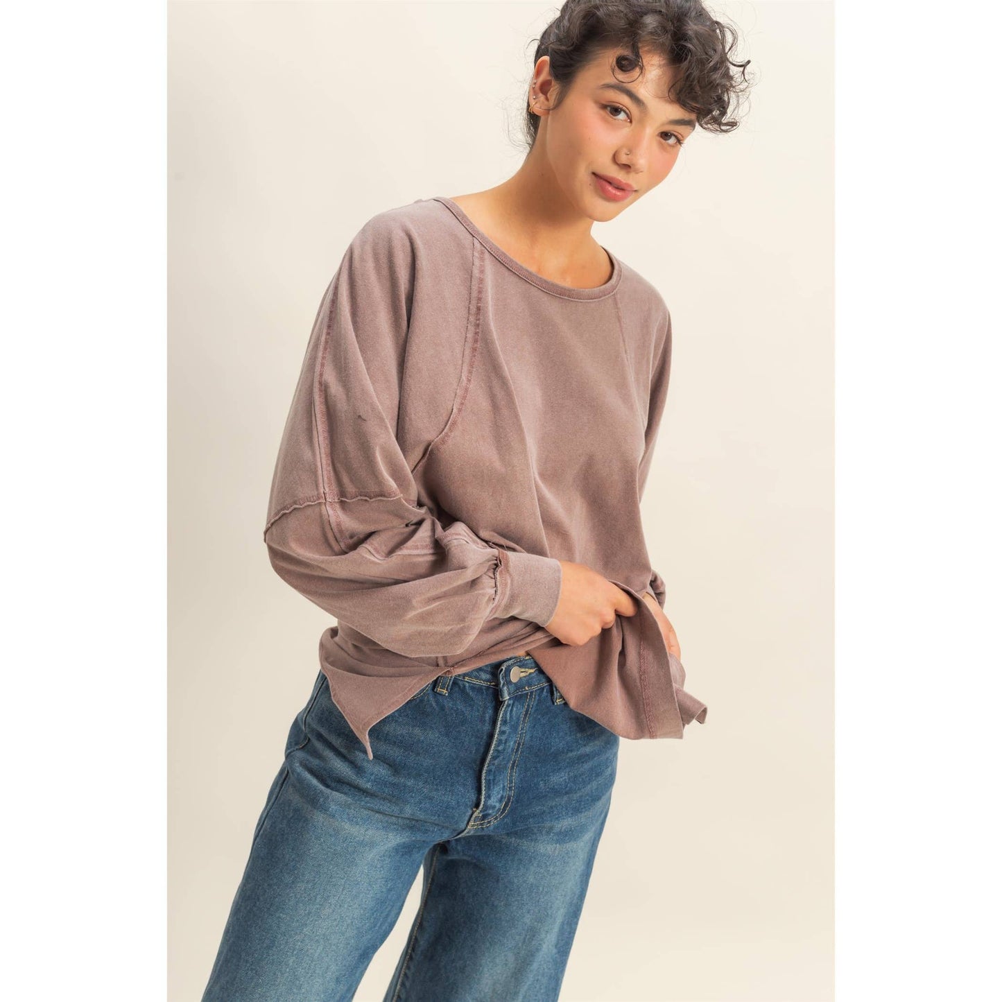 Washed Oversized Long Sleeve Top With Slit: CREAM / S-M-L(2-2-2)