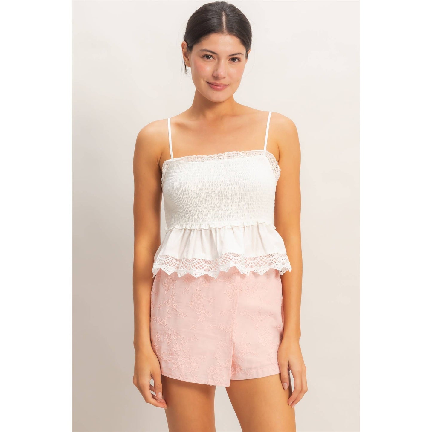 Smocked Peplum Top With Lace Trim: YELLOW / S-M-L(2-2-2)