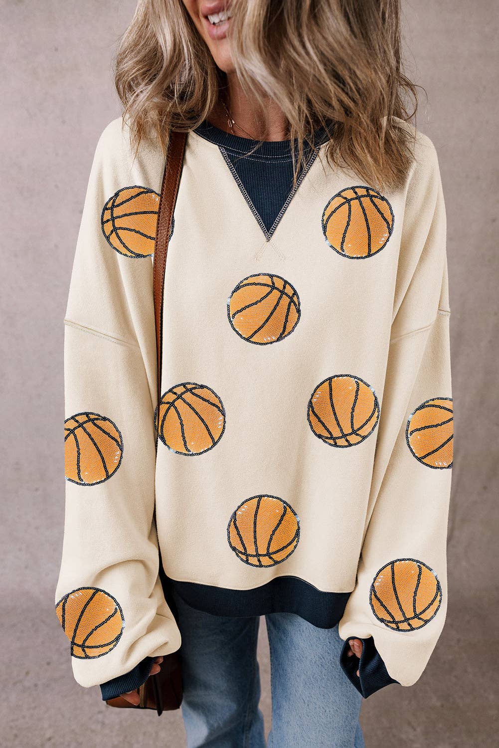 White Sequin Basketball Graphic Colorblock Edge Sweatshirt: White / 50%Polyester+50%Cotton / L