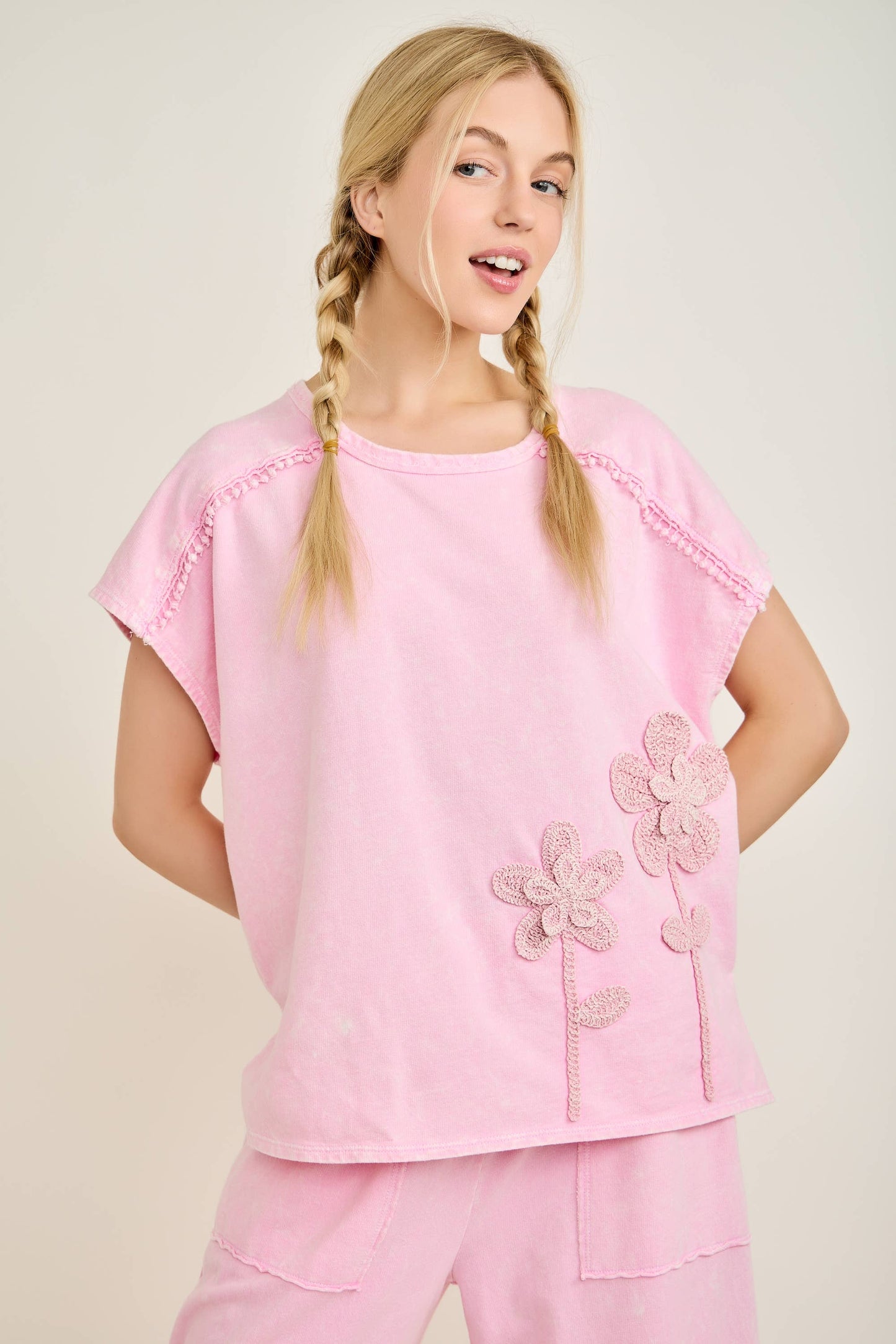 Mineral Washed Flower Garden Sleeveless blouse top HT7012: Papaya / S-M-L / 2-2-2