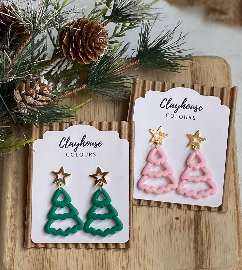 Christmas Tree Clay Earrings: Pink