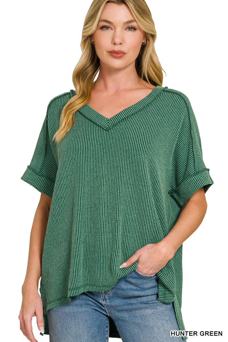 Raised Rib Short Sleeve Hi-low V Neck Top: RUBY / 3-3(S/M-L/XL)