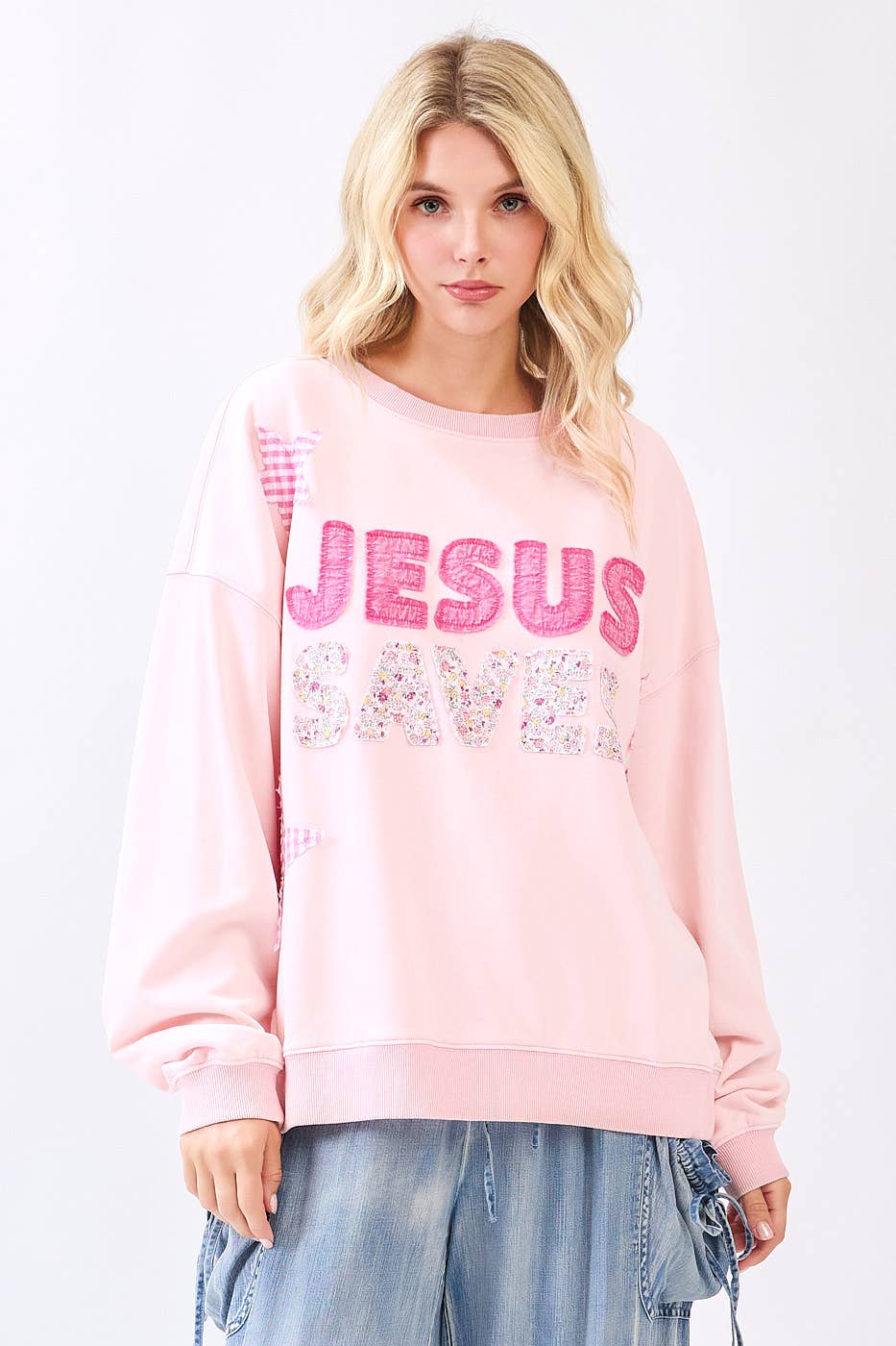 JESUS SAVES PATCHWORK CREW NECK SWEATSHIRT: ICY PINK / S-M-L(2-2-2)