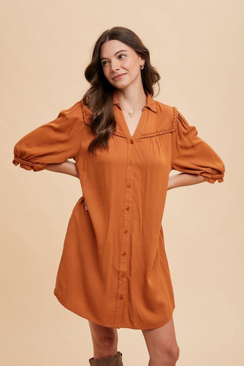 Braided Trim Detail Shirt Mini Dress: PUMPKIN / 2-2-2-2(S-M-L-XL)